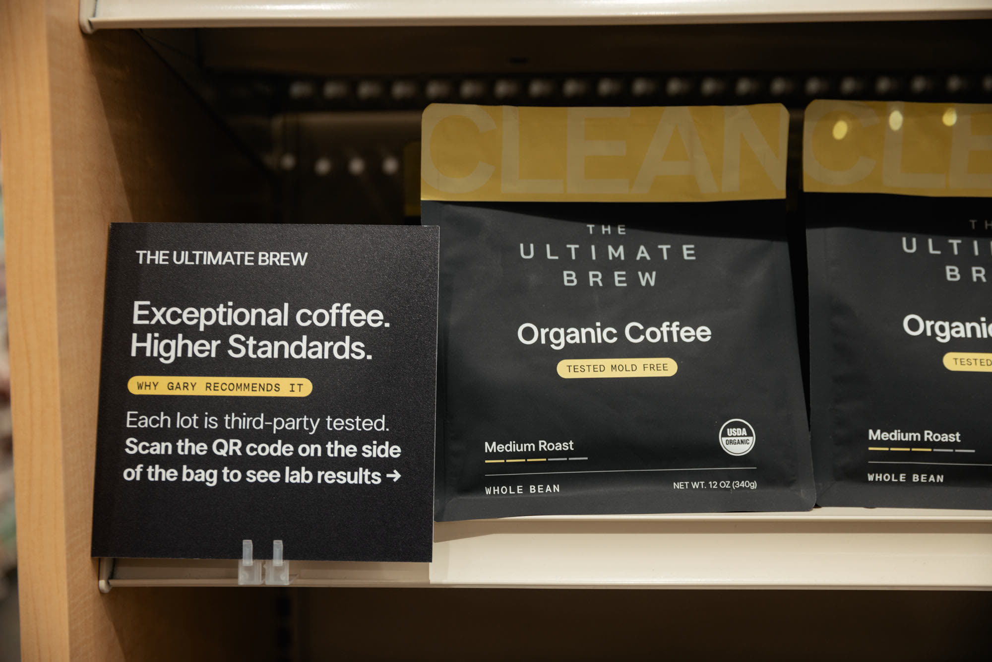 Bags of The Ultimate Brew on the Sprouts shelf