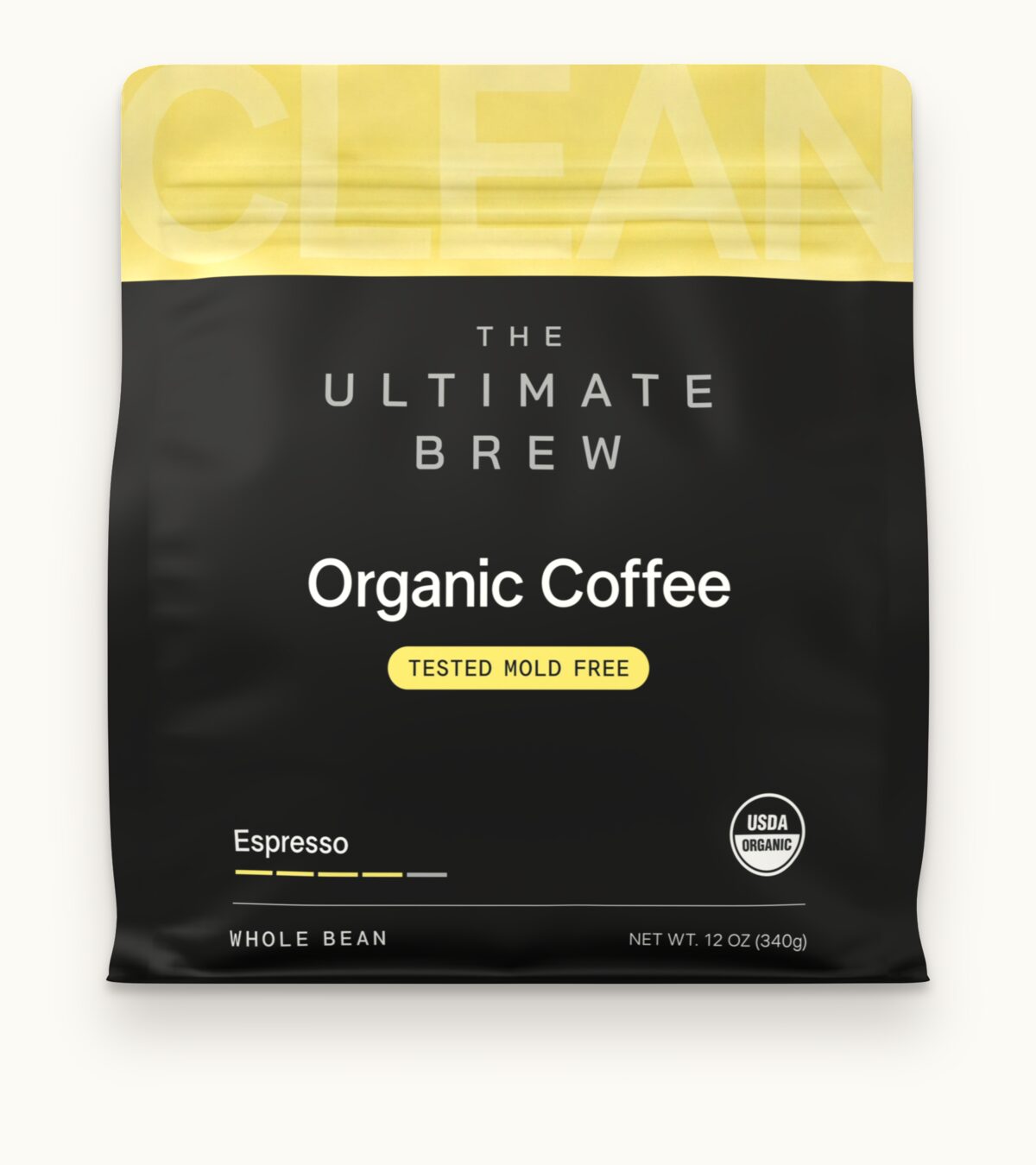 Front of the Espresso bag: The Ultimate Brew Organic Coffee, Tested Mold Free, USDA Organic, whole bean, net weight 12 oz