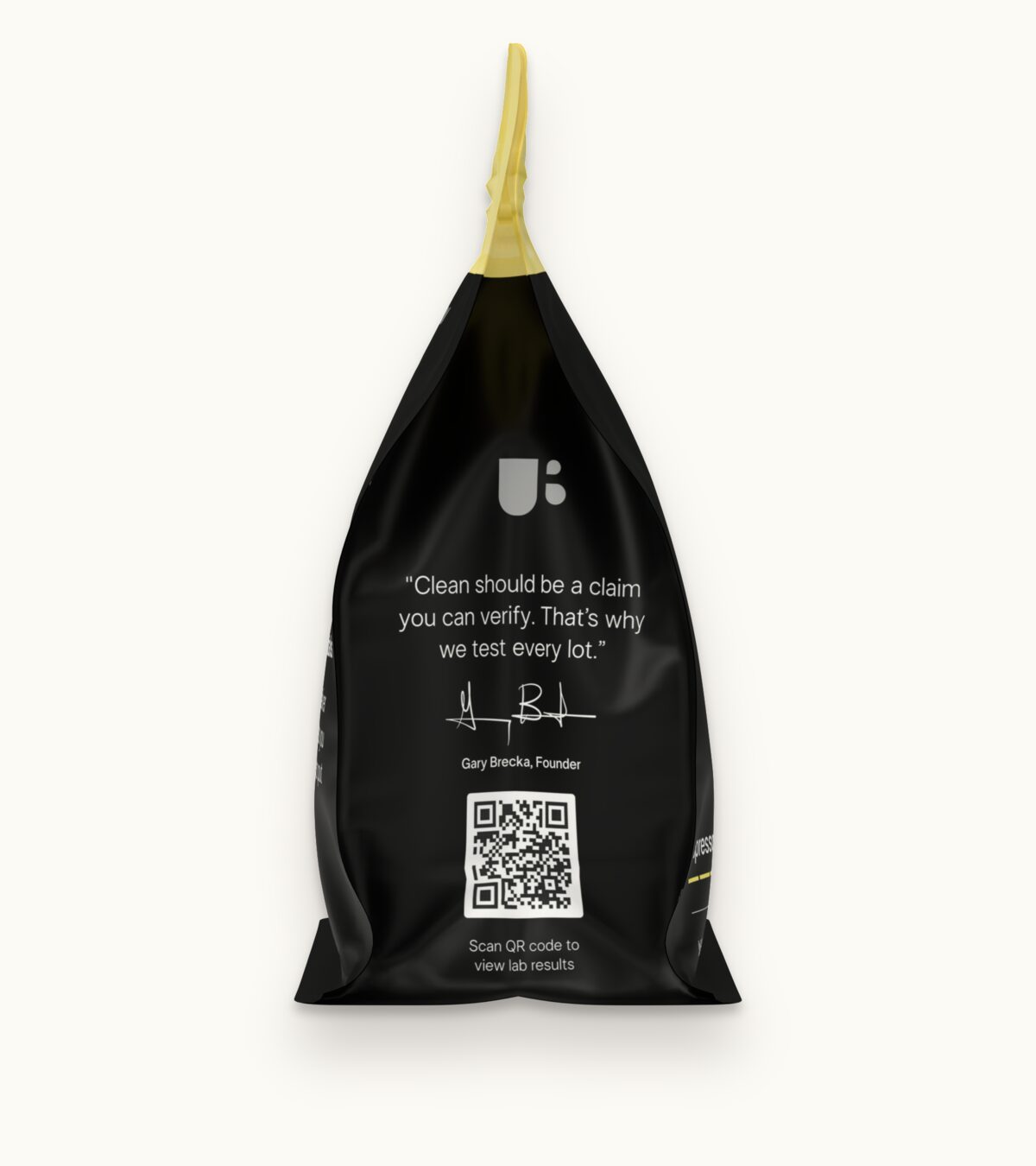 Side panel of the Espresso bag with Gary Brecka’s note and the QR code that opens the lab results for the lot