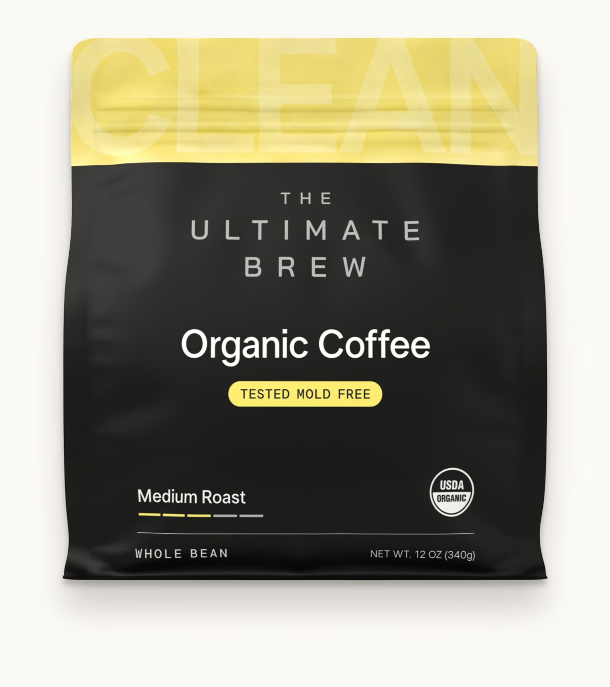 Front of the Medium Roast bag: The Ultimate Brew Organic Coffee, Tested Mold Free, USDA Organic, whole bean, net weight 12 oz