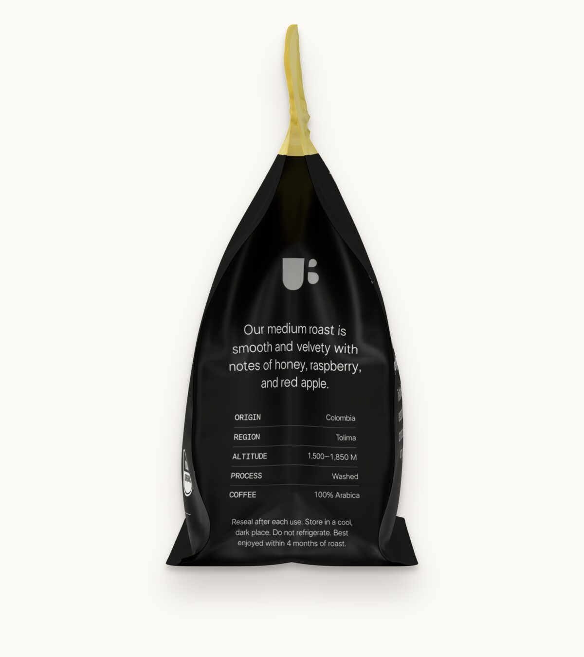 Side panel of the Medium Roast bag: Our medium roast is smooth and velvety with notes of honey, raspberry, and red apple. Origin Colombia, region Tolima, altitude 1,500 to 1,850 m, washed process, 100% Arabica.