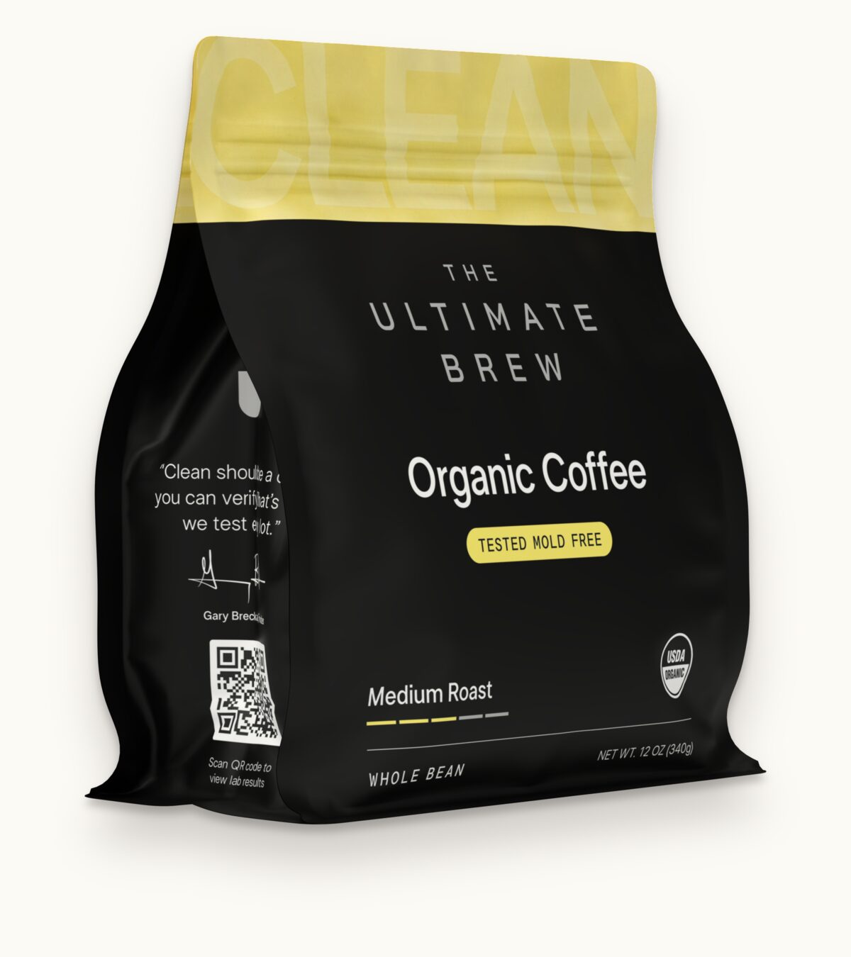 The Medium Roast bag from the front left, with the QR code panel on its side
