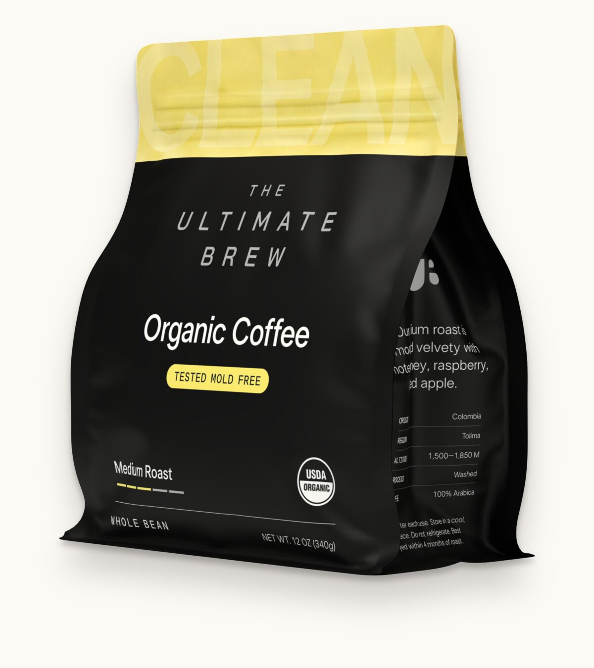 The Medium Roast bag from the front right, with the tasting notes panel on its side
